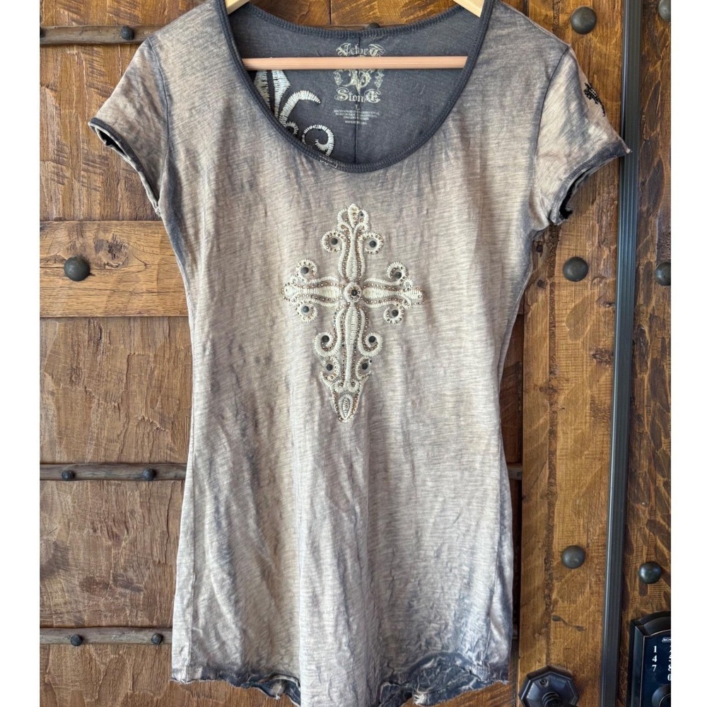 Velvet Stone T-Shirt Women Large Grey Tan Cross Embroidered Studded Burnout Tee